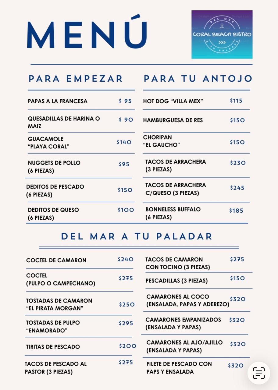 menú Coral Beach Club